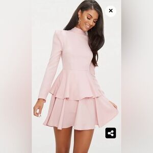 PrettyLittleThing dusty pink ruffle high neck dress